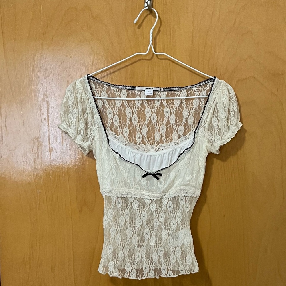 Urban Outfitters Kimchi Blue Malka Sheer  Ivory Black Lace Top